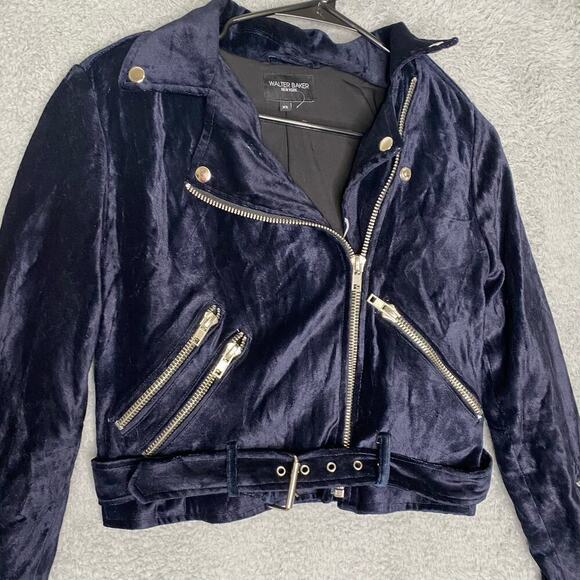 Walter Baker Travis Velvet Biker Motorcycle moto Jacket Zip Blue Women Size XS - Picture 3 of 7